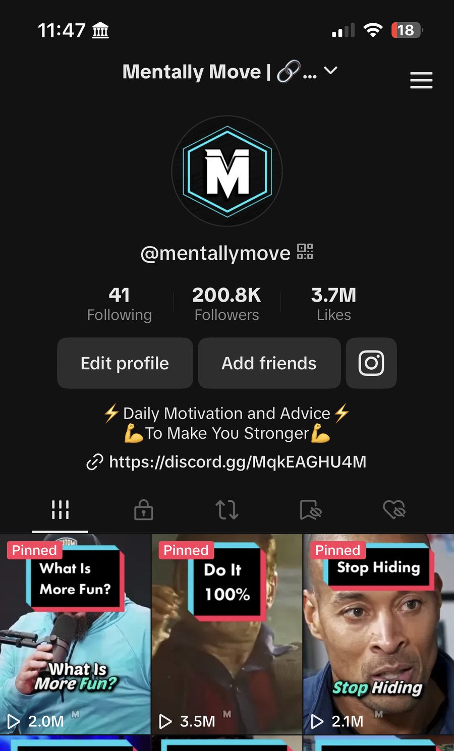 TikTok profile for MentallyMove showing 200.8K followers and pinned videos with 2.0M, 3.5M, and 2.1M views.