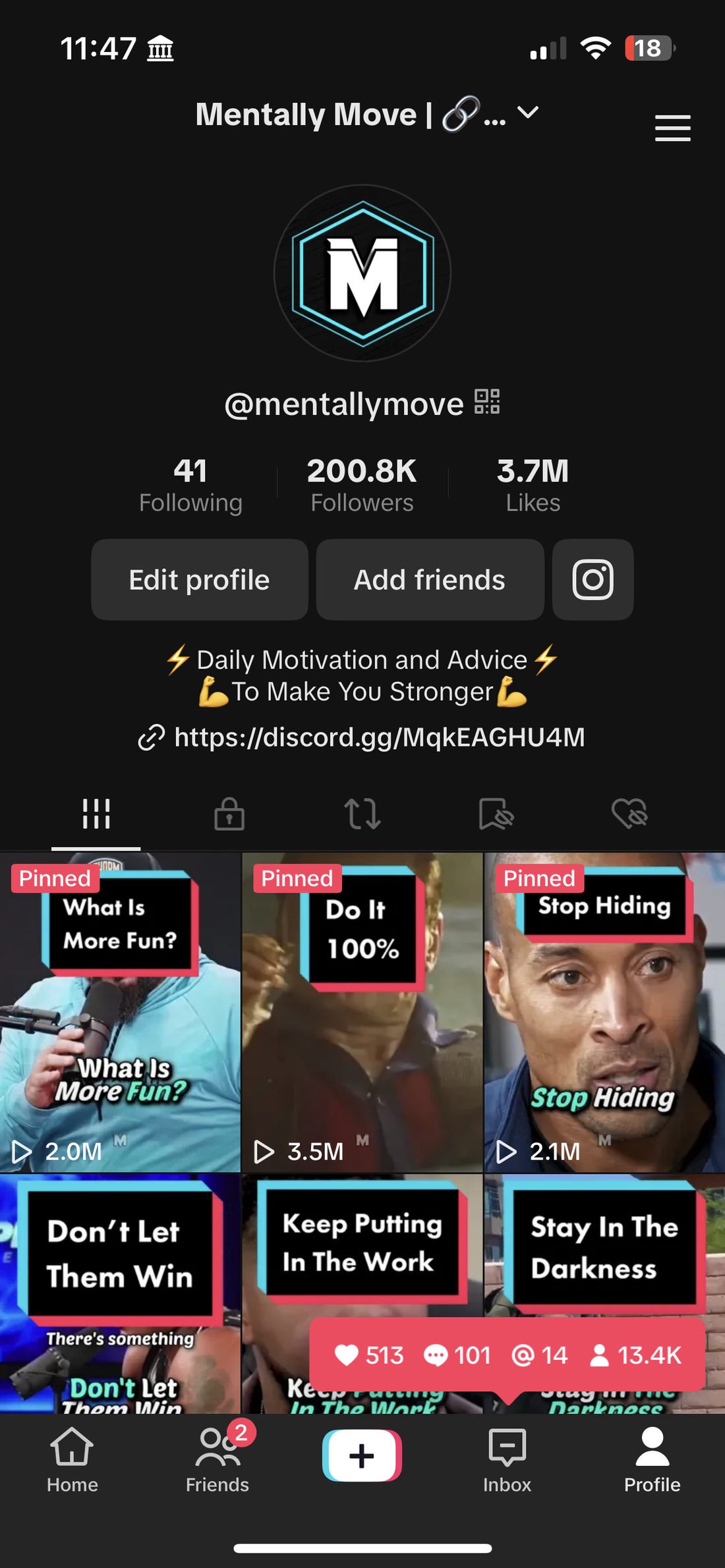 Profile on July 2, 2023, showing 200.8K followers and videos over 2M views.