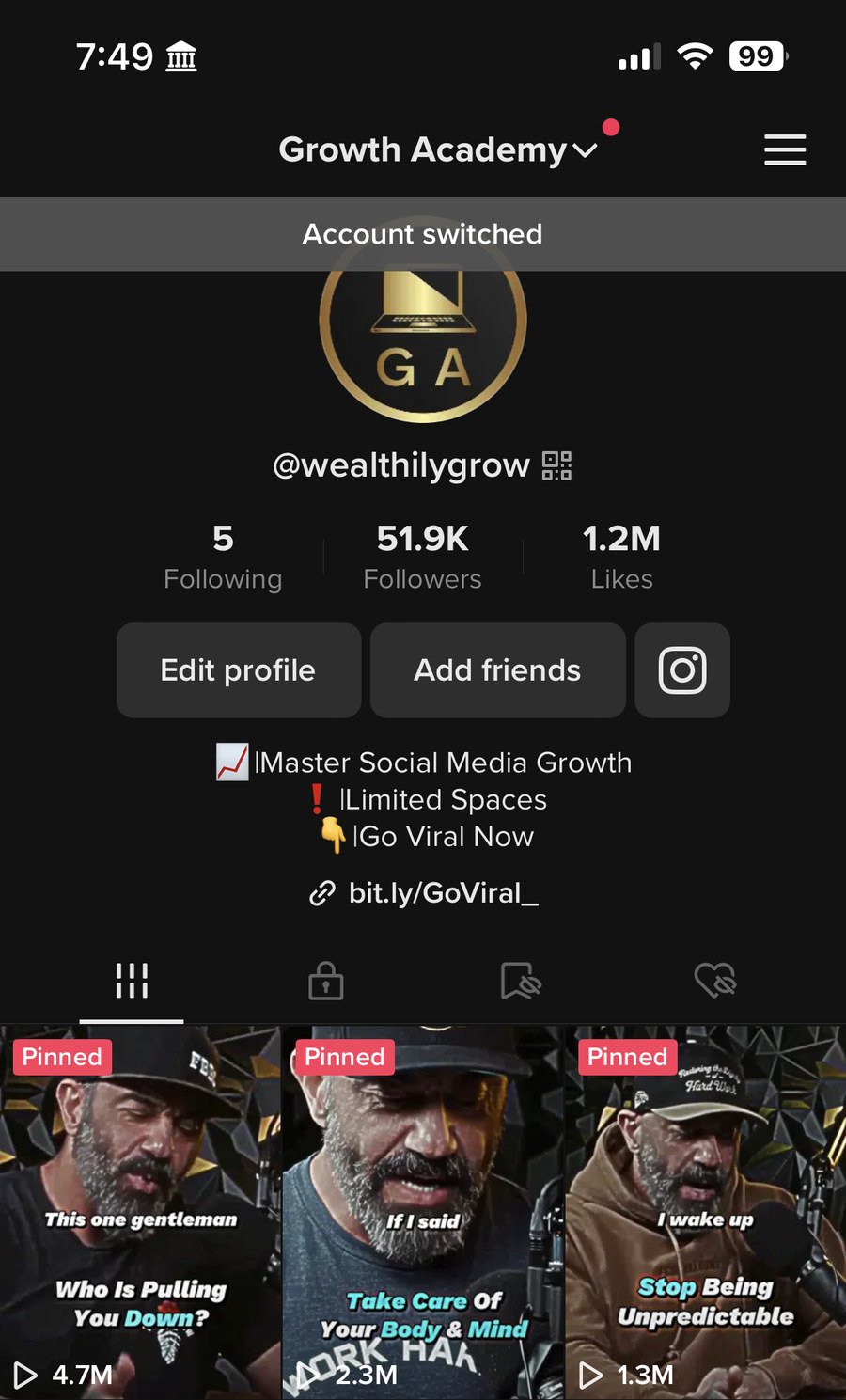 TikTok profile for WealthilyGrow (Growth Academy) showing 51.9K followers and pinned videos with 4.7M, 2.3M, and 1.3M views.